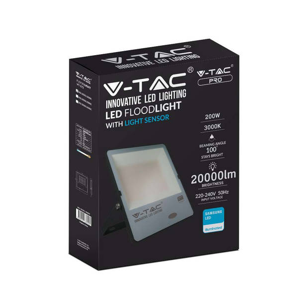 V-TAC VT-272 LED Schijnwerpers met Fotocelsensor - Zwart - Samsung - IP65 - 200W - 20000 Lumen - 3000K - 5 Jaar