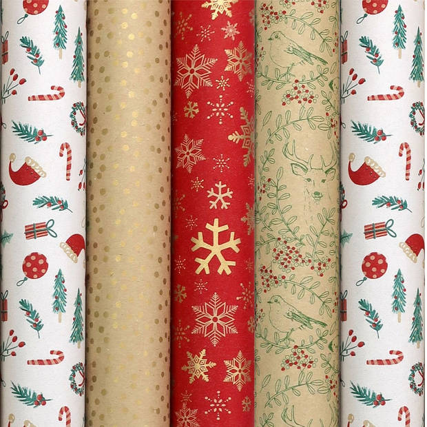 WINTER GARDEN - kerstpapier assortiment cadeaupapier inpakpapier - 2 meter x 70 cm - 5 rollen - inclusief labels