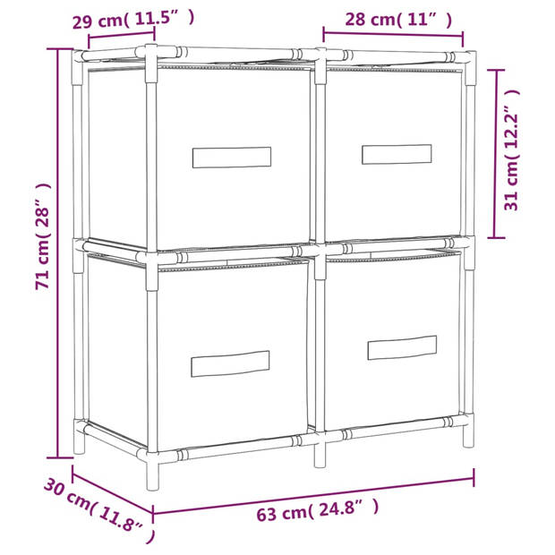 vidaXL Opbergkast met 4 stoffen manden 63x30x71 cm staal grijs