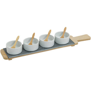 4x Snackschaaltjes/sausschaaltjes wit porselein rond 7 cm op serveerplank - Snack en tapasschalen
