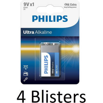 4 Stuks (4 Blisters a 1 st) Philips Ultra Alkaline 9v