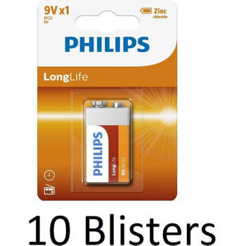 10 Stuks (10 Blisters a 1 st) Philips Longlife 9V Batterijen