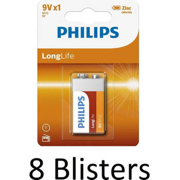 8 Stuks (8 Blisters a 1 st) Philips Longlife 9V Batterijen