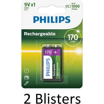 2 Stuks (2 Blisters a 1 st) Philips Oplaadbare 9V batterij - 170mAh