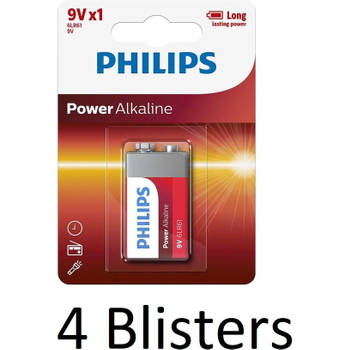 4 Stuks (4 Blisters a 1 st) Philips Power Alkaline batterij 9V