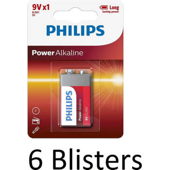 6 Stuks (6 Blisters a 1 st) Philips Power Alkaline batterij 9V