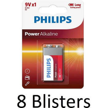 8 Stuks (8 Blisters a 1 st) Philips Power Alkaline batterij 9V