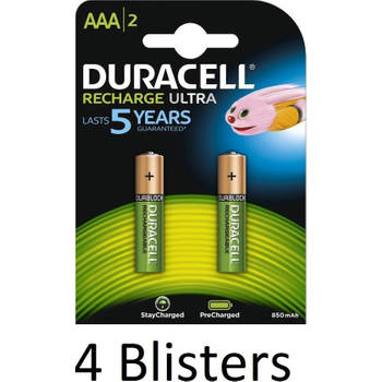 8 Stuks (4 Blisters a 2 st) Duracell AAA Oplaadbare Batterijen - 850 mAh