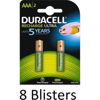 16 Stuks (8 Blisters a 2 st) Duracell AAA Oplaadbare Batterijen - 850 mAh