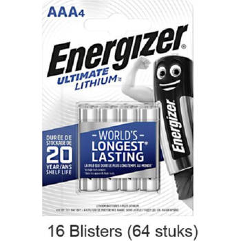 64 stuks (16 blisters a 4 stuks) Energizer AAA Ultimate Lithium 1.5V Micro LR03/FR3