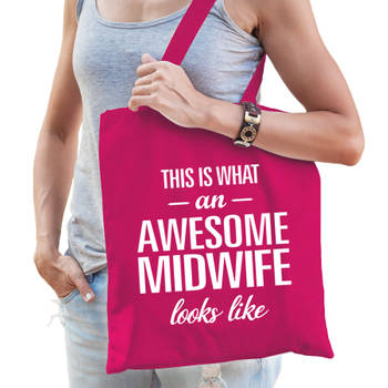 Fuchsia roze cadeau tas awesome midwife / geweldige verloskundige voor dames - Feest Boodschappentassen