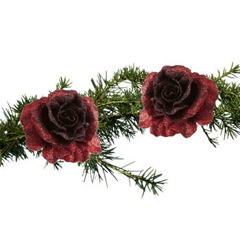 2x stuks kerstboomversiering bloemen op clip donkerrood glitter 10 cm - Kersthangers