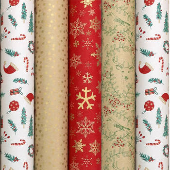 WINTER GARDEN assortiment 100% Recyclet cadeaupapier inpakpapier voor kerstmis - 2 meter x 70 cm - 5 rollen