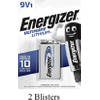 2 stuks (2 blisters a 1 stuk) Energizer Ultimate Lithium 9V blok Batterij / L522 e-block MN1604/6LR61