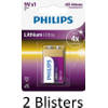 2 Stuks (2 Blisters a 1 st) Philips 9V Lithium Ultra Batterij