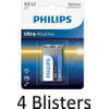 4 Stuks (4 Blisters a 1 st) Philips Ultra Alkaline 9v