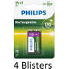 4 Stuks (4 Blisters a 1 st) Philips Oplaadbare 9V batterij - 170mAh