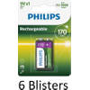 6 Stuks (6 Blisters a 1 st) Philips Oplaadbare 9V batterij - 170mAh