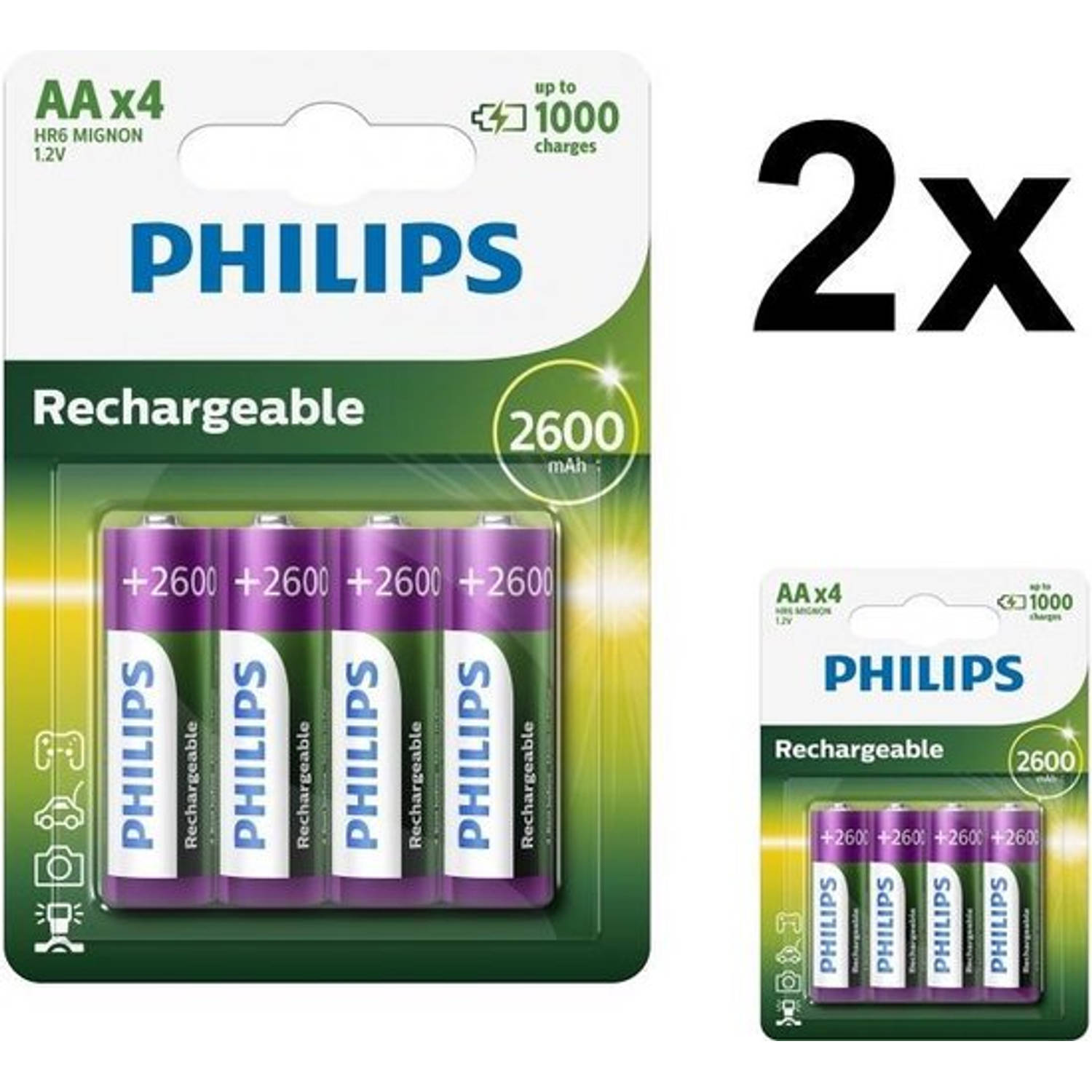 8 Stuks (2 blisters a 4st) - Philips MultiLife 1.2V AA/HR6 2600mah NiMh oplaadbare batterij
