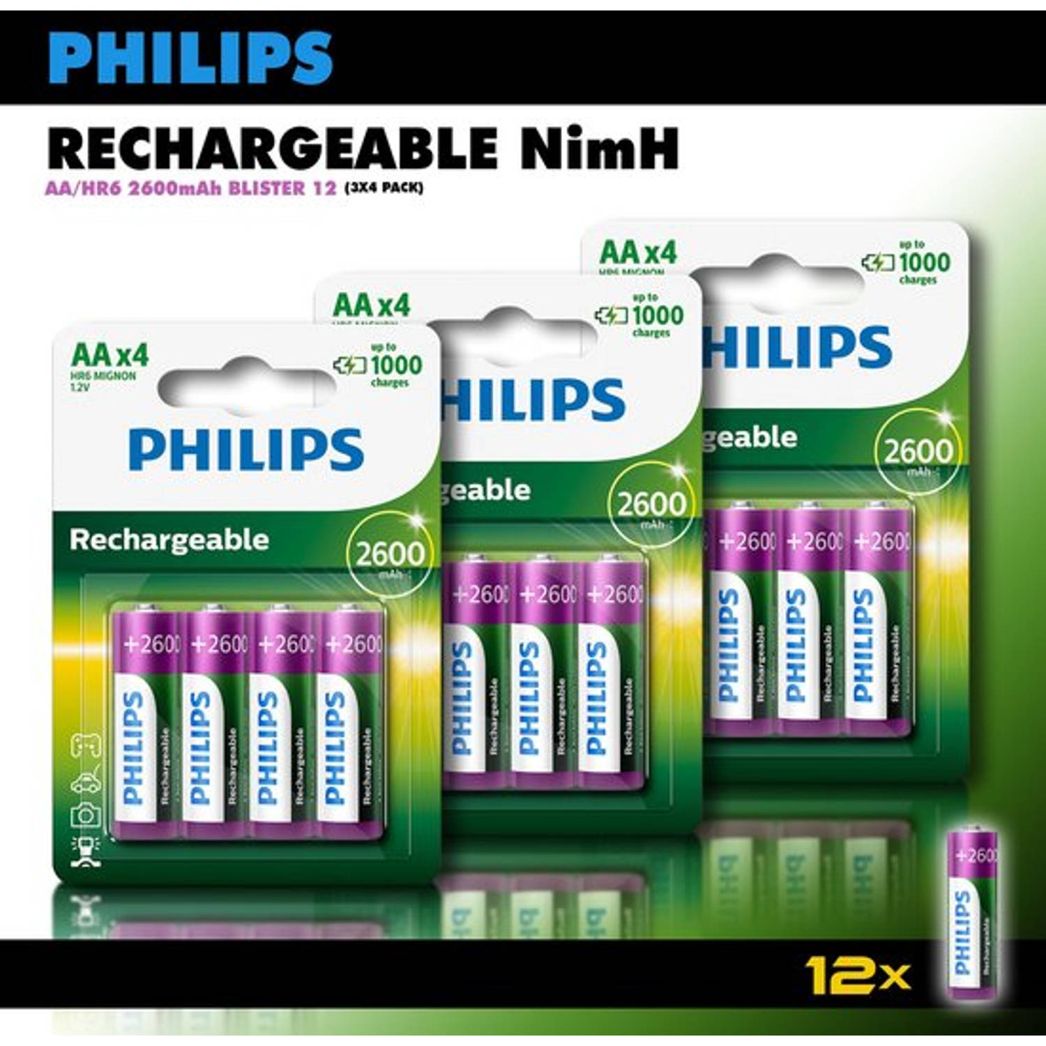 Philips AA oplaadbare batterijen - 2600 mAh - 12 stuks