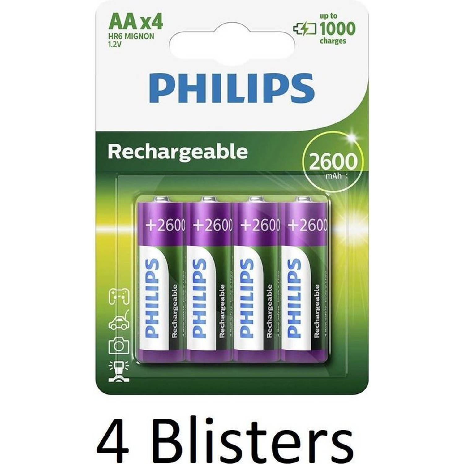 16 Stuks (4 Blisters a 4 st) Philips AA Oplaadbare batterijen 2600mah