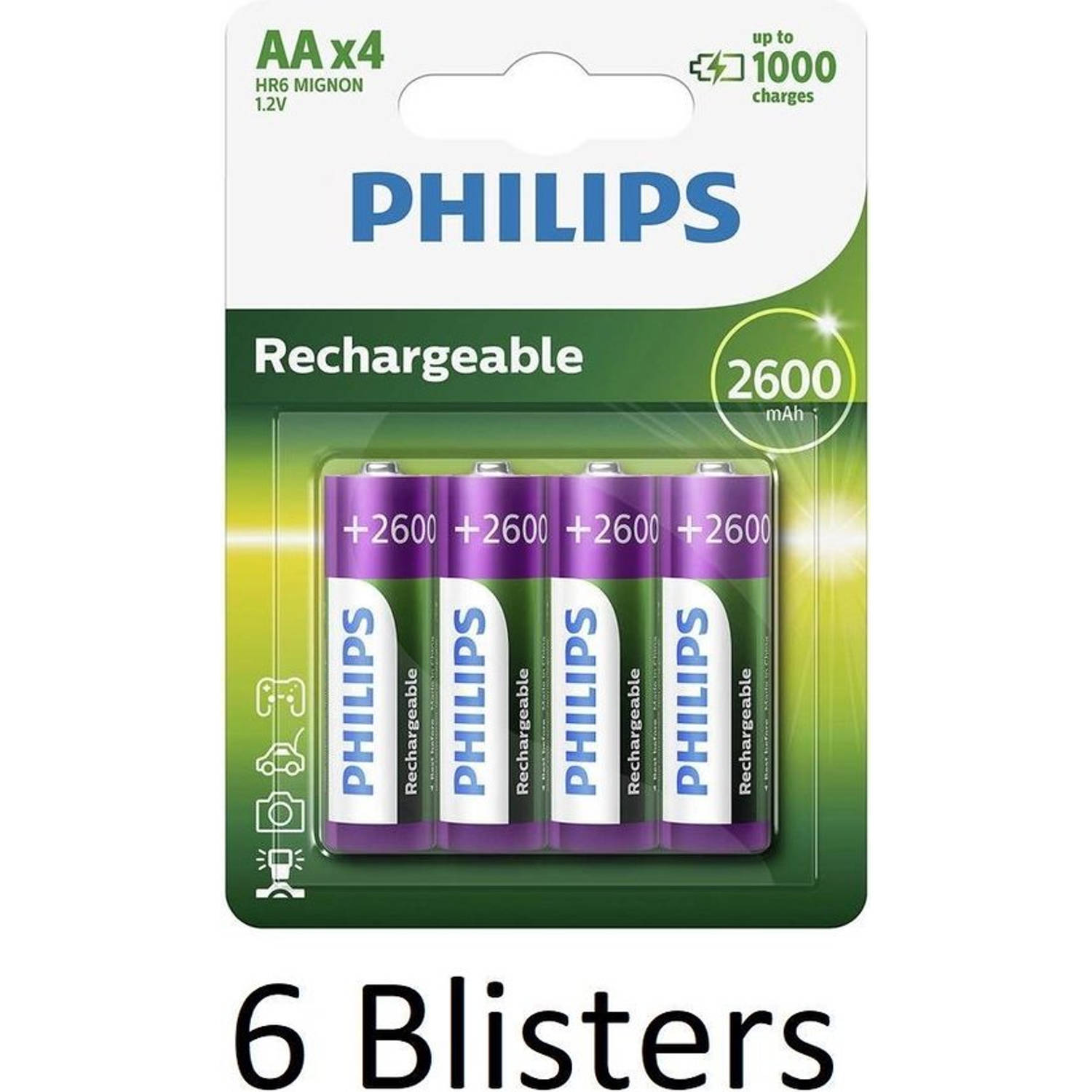 24 Stuks (6 Blisters a 4 st) Philips AA Oplaadbare batterijen - 2600mah