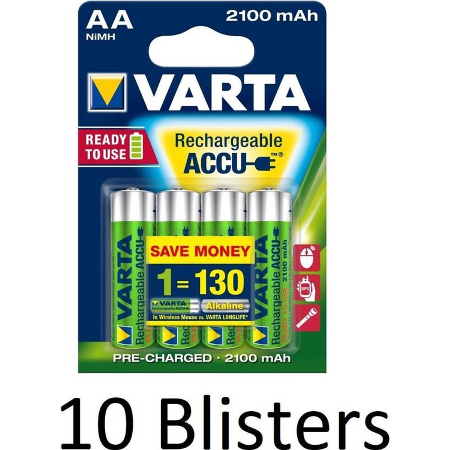 40 Stuks (10 Blisters a 4 st) Varta Oplaadbare Batterijen AA 2100 mAh