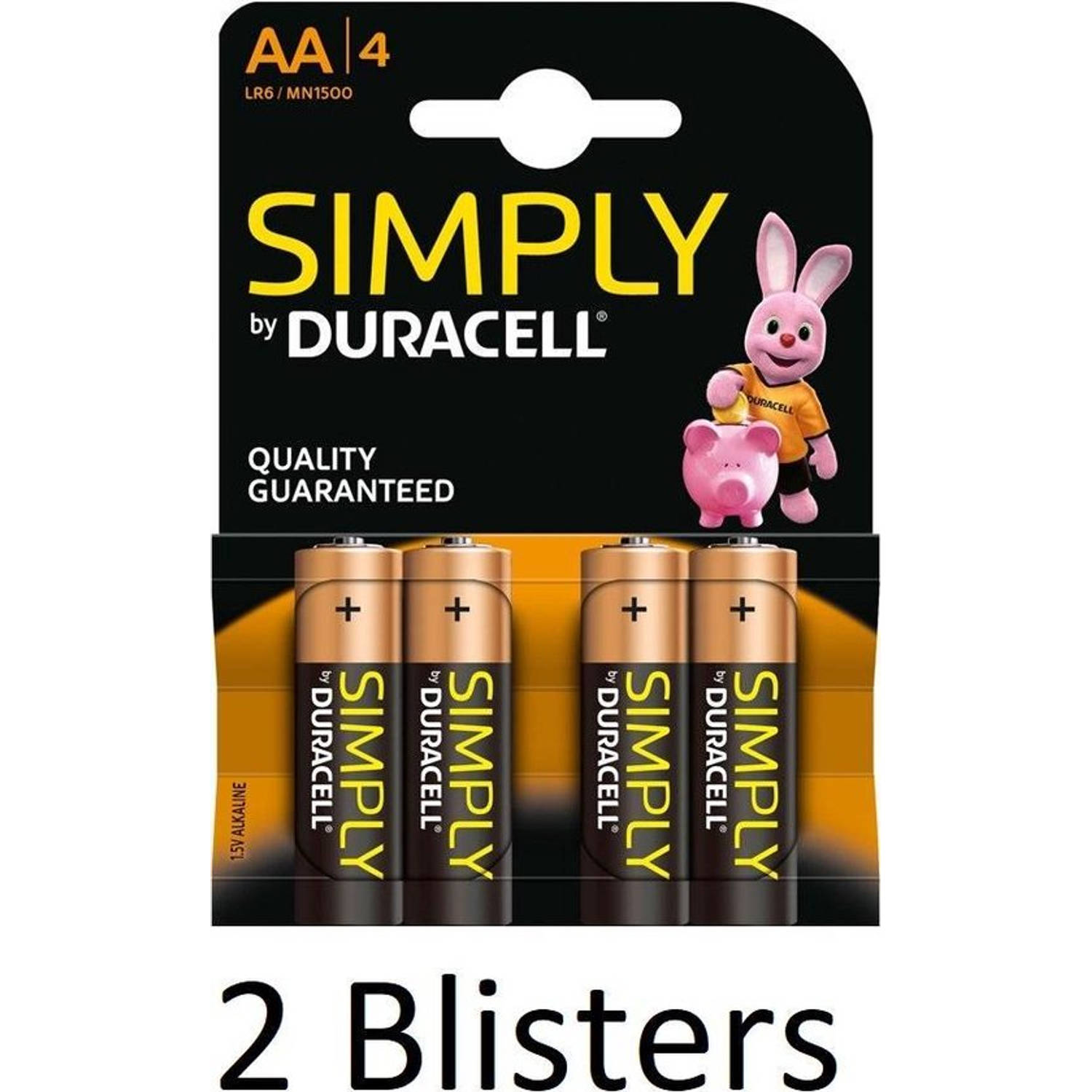 8 Stuks (2 Blisters a 4 st) Duracell AA SIMPLY Batterijen