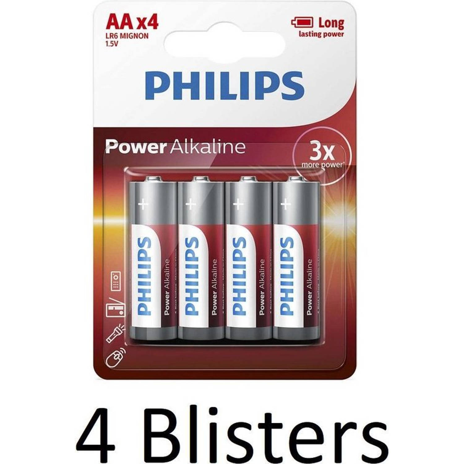 16 Stuks (4 Blisters A 4 St) Philips Power Alkaline Aa Batterijen
