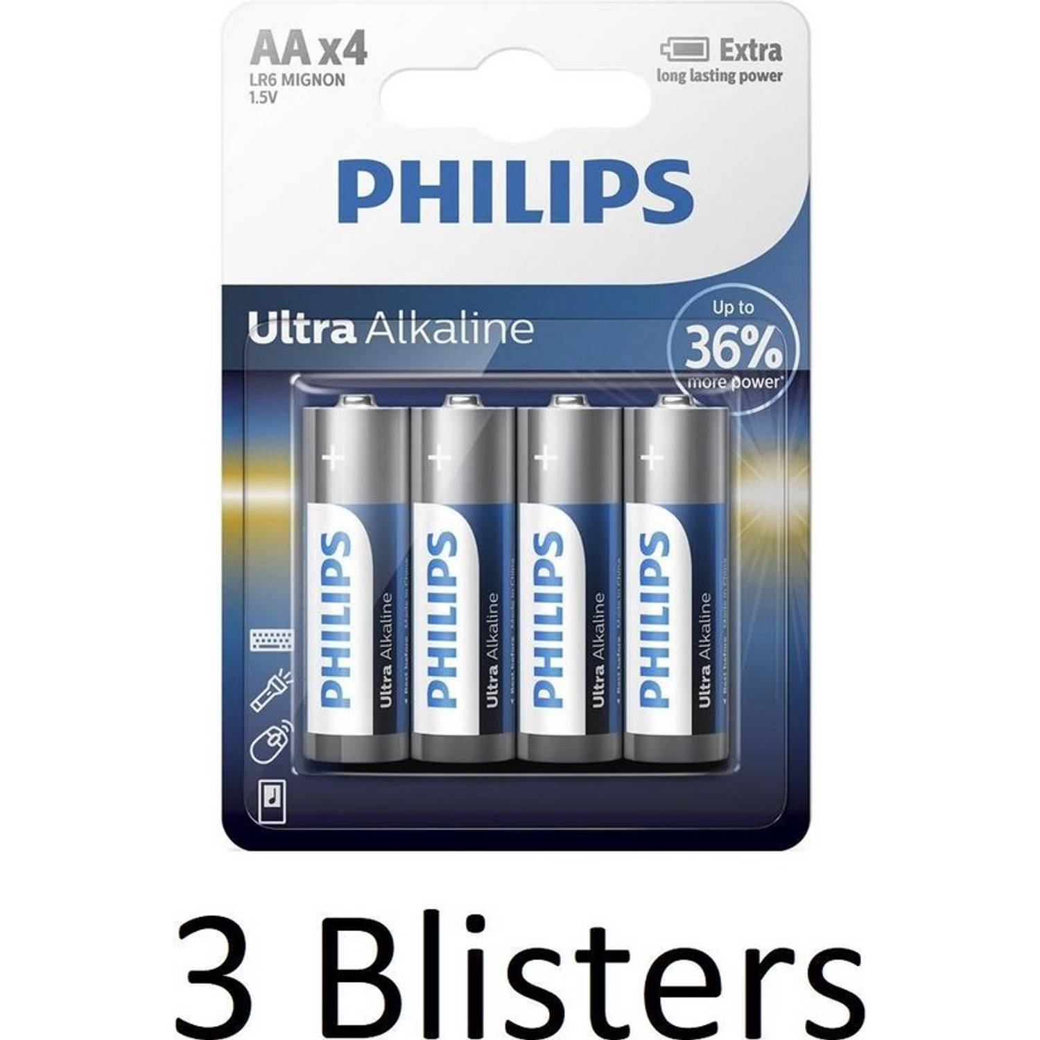 12 Stuks (3 Blisters a 4 st) Philips Ultra Alkaline AA Batterijen