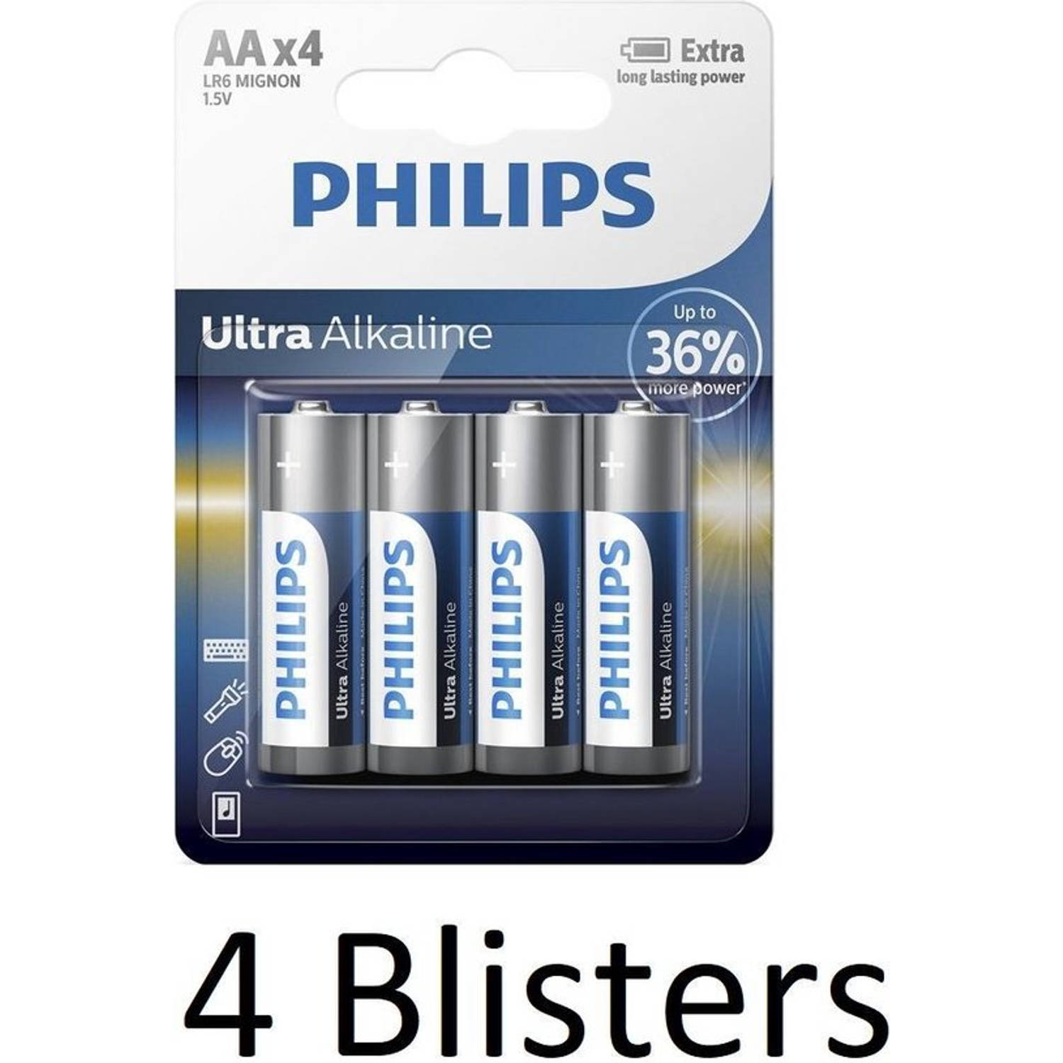 16 Stuks (4 Blisters a 4 st) Philips AA Ultra Alkaline Batterijen
