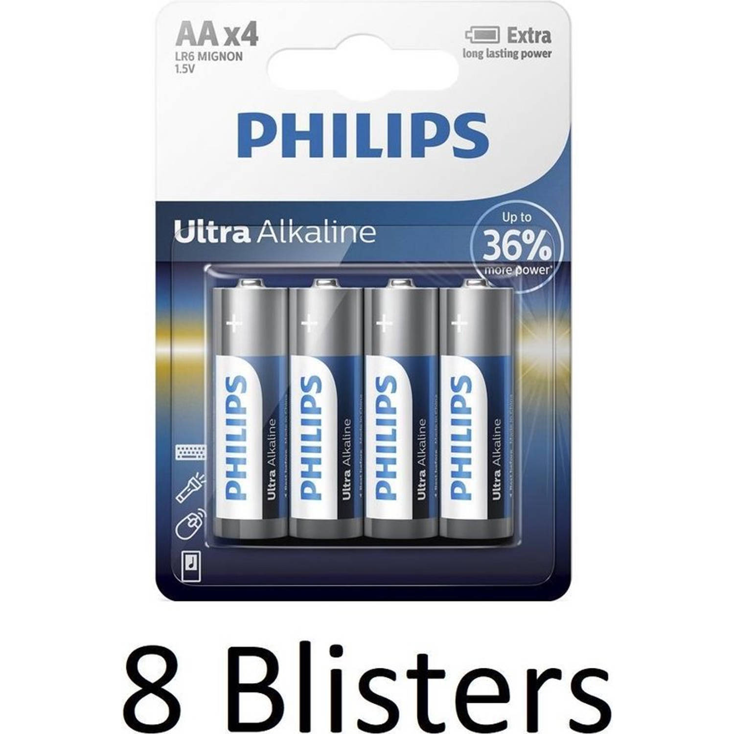 32 Stuks (8 Blisters a 4 st) Philips Ultra Alkaline AA Batterijen