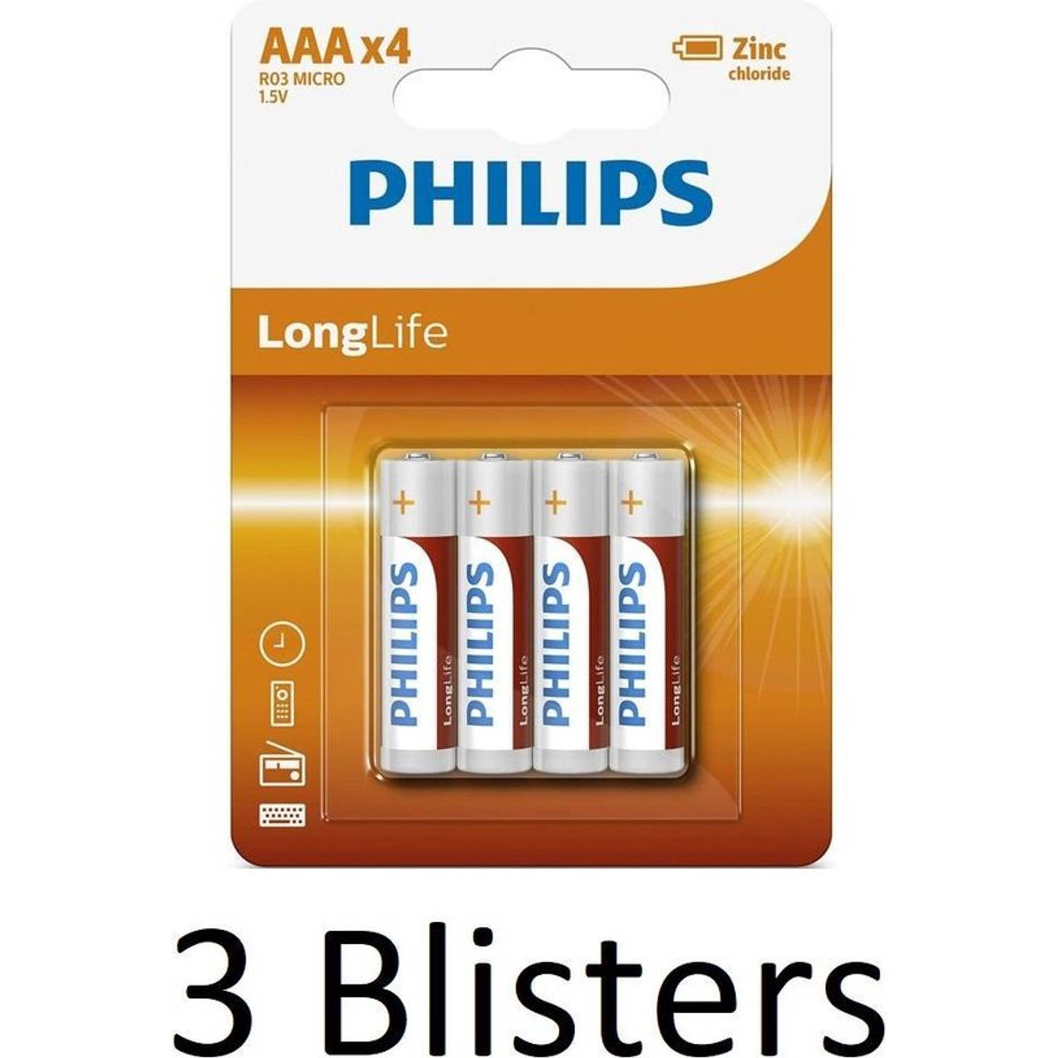 12 Stuks (3 Blisters a 4 st) Philips longlife AAA Batterijen