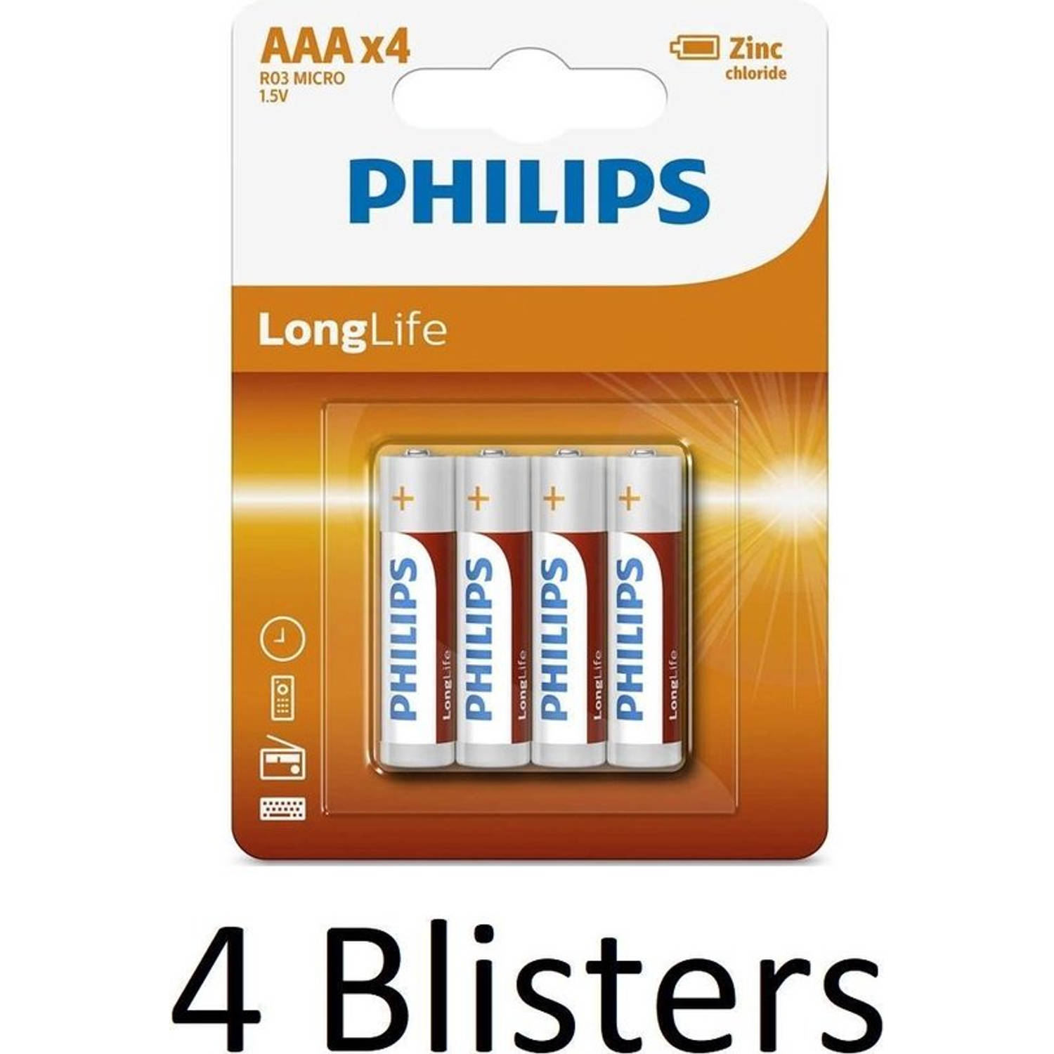 16 Stuks (4 Blisters a 4 st) Philips longlife AAA Batterijen