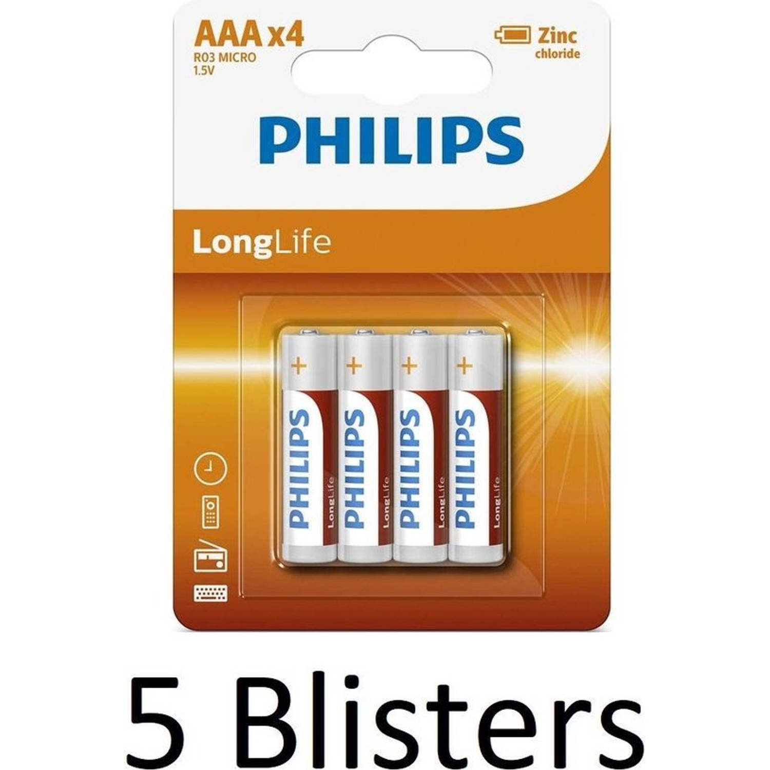 20 Stuks (5 Blisters a 4 st) Philips longlife AAA Batterijen