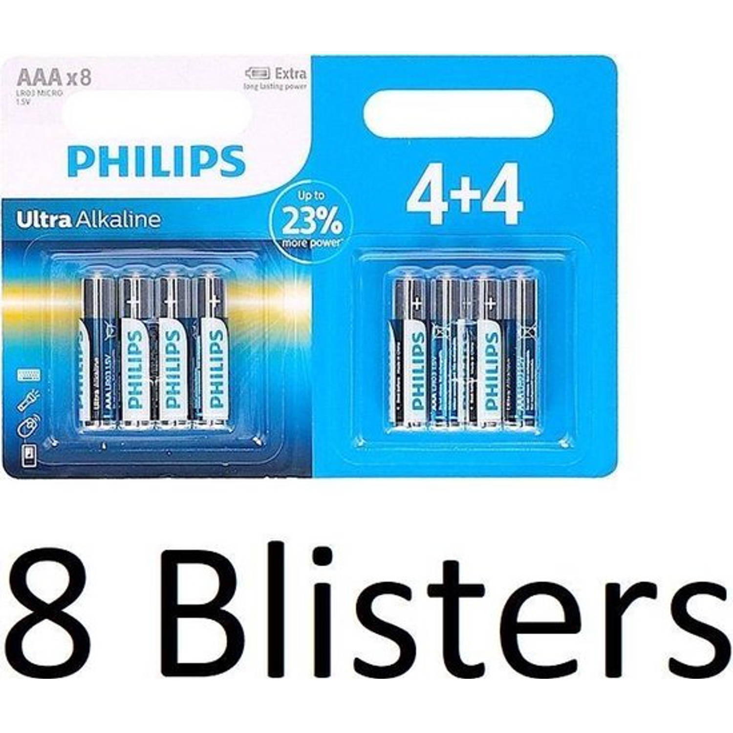 64 Stuks (8 Blisters a 8 st) Philips Ultra Alkaline Lr03/aaa Batterijen 4+4
