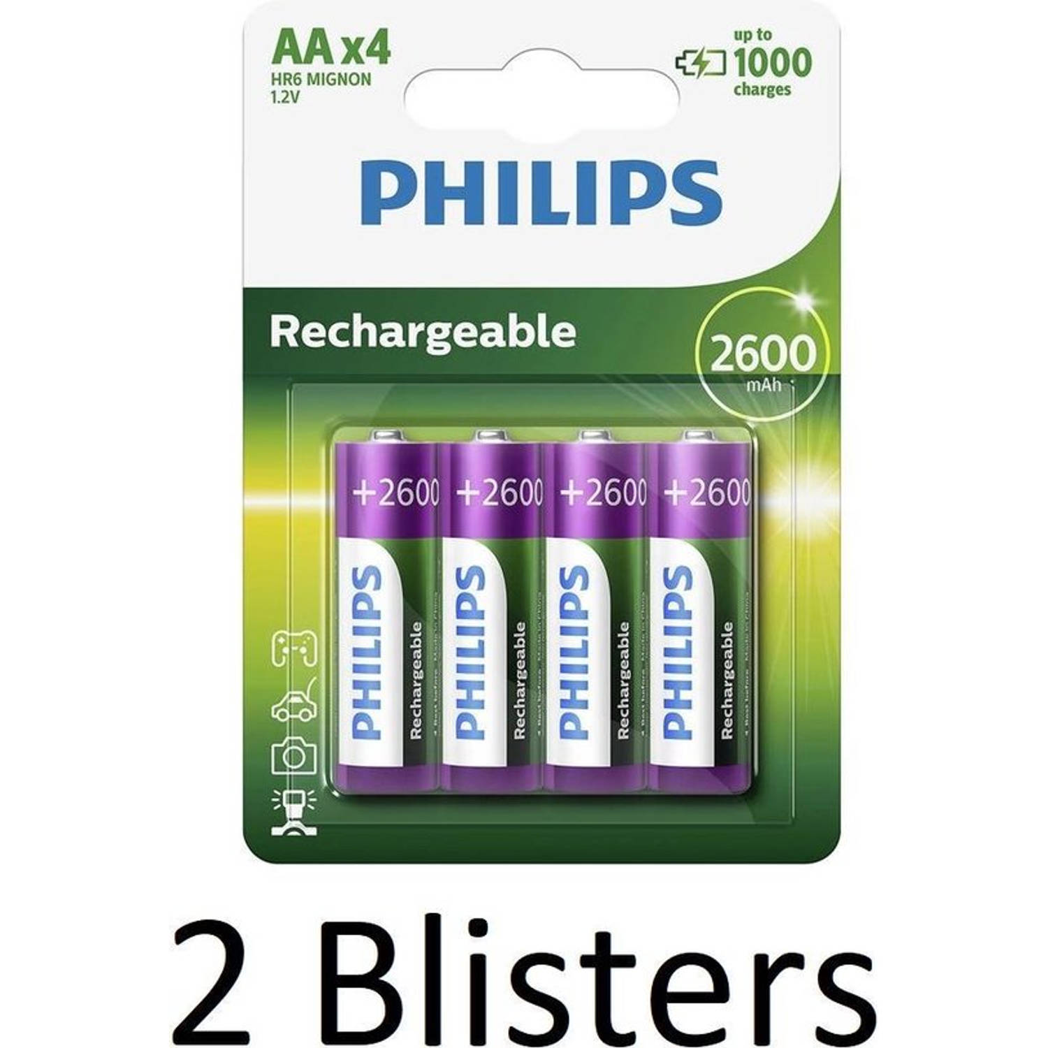8 Stuks (2 Blisters A 4 St) Philips Aa Oplaadbare Batterijen 2500 Mah
