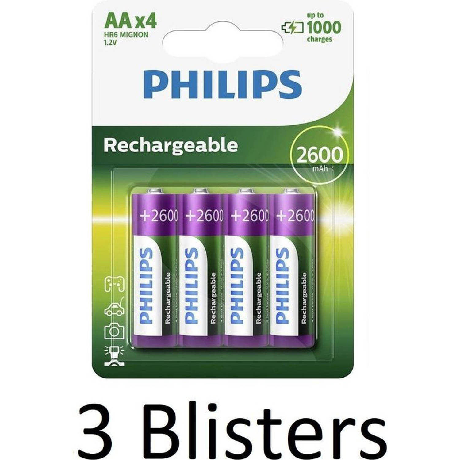 12 Stuks (3 Blisters A 4 St) Philips Aa Oplaadbare Batterijen 2500 Mah