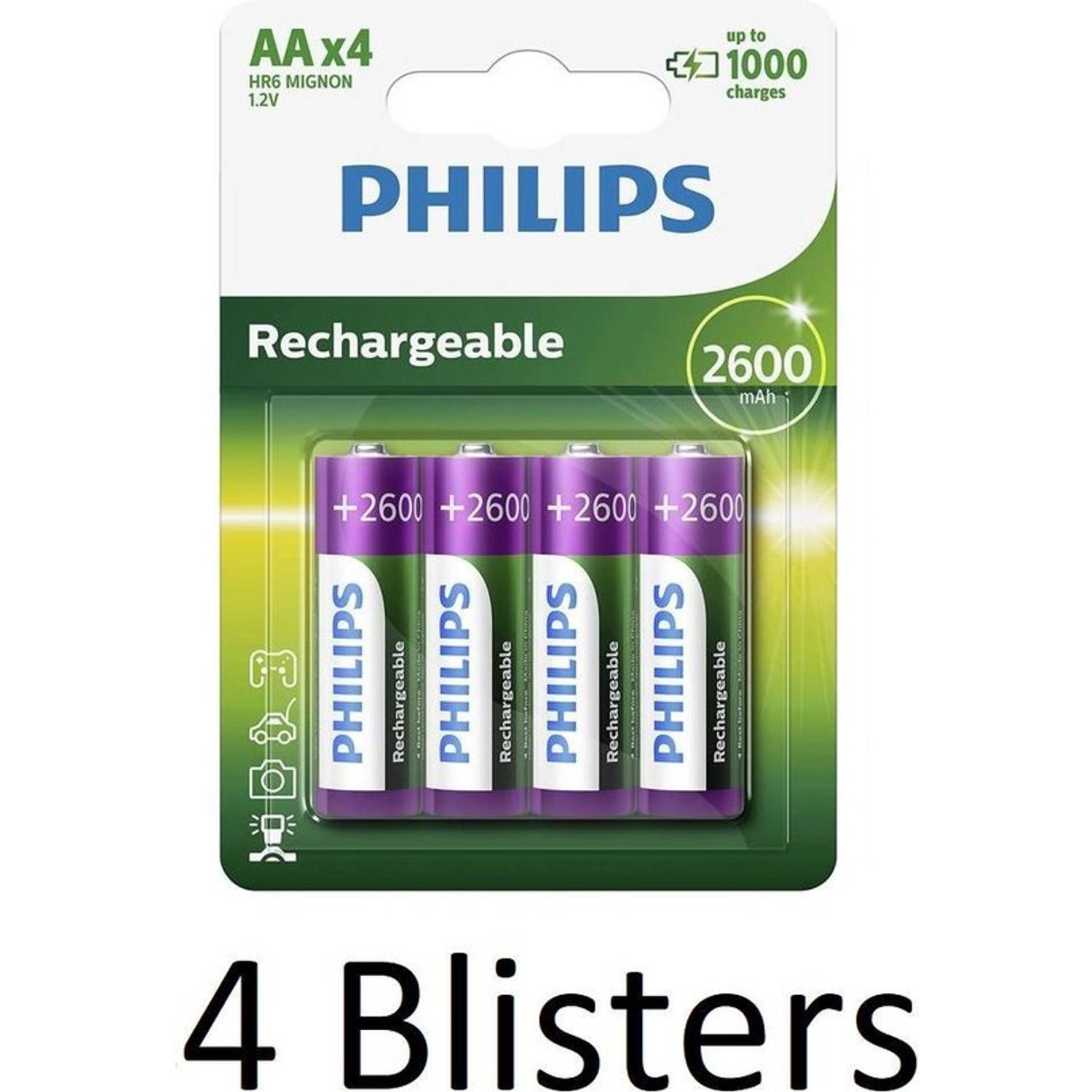 16 Stuks (4 Blisters a 4 st) Philips AA Oplaadbare batterijen - 2500 mAh