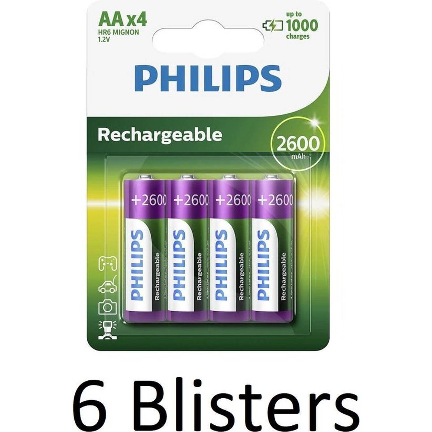24 Stuks (6 Blisters a 4 st) Philips AA Oplaadbare batterijen - 2500 mAh