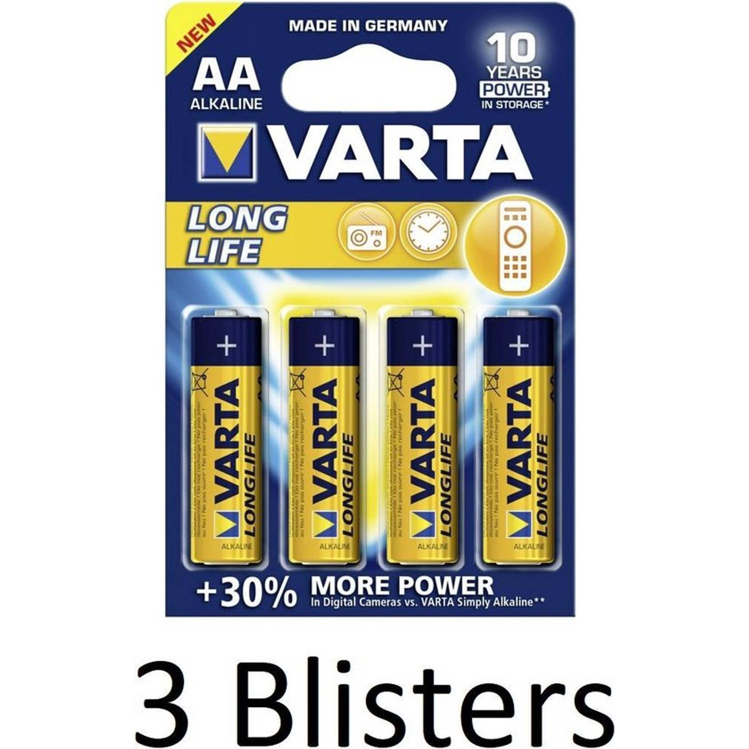12 Stuks (3 Blisters a 4 st) Varta Longlife Mignon AA Batterij