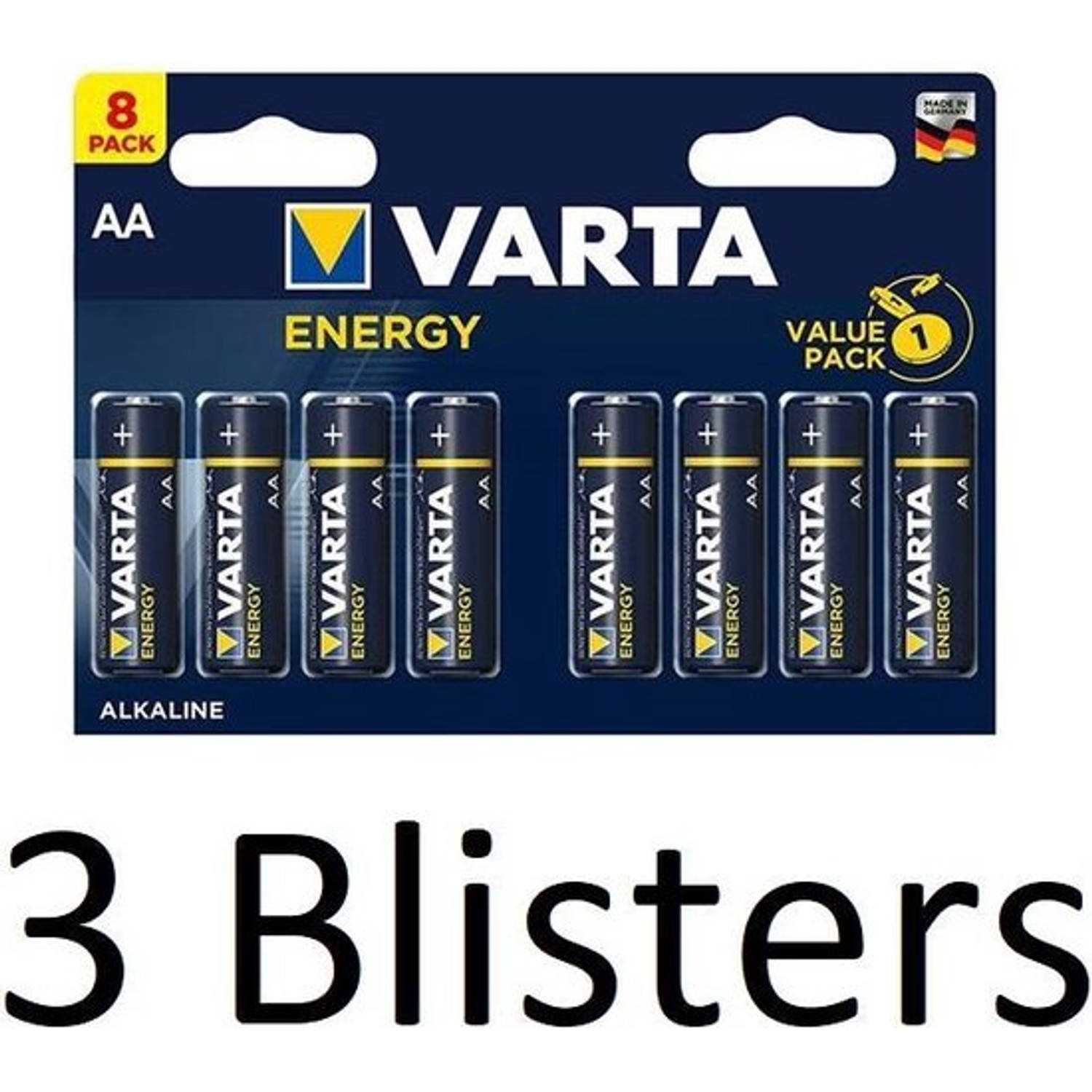 24 Stuks (3 Blisters a 8 st) Varta Energy AA Alkaline Batterijen