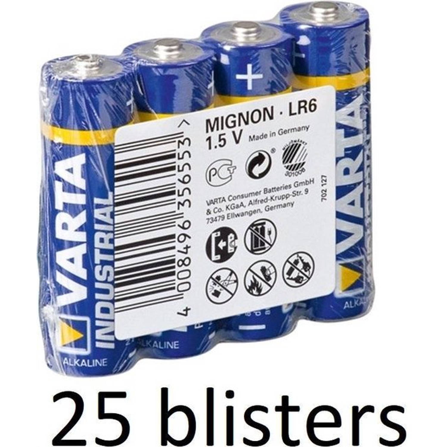 100 Stuks (25 Blisters A 4 St) Varta Lr6 Industrial Wegwerpbatterij Aa Alkaline