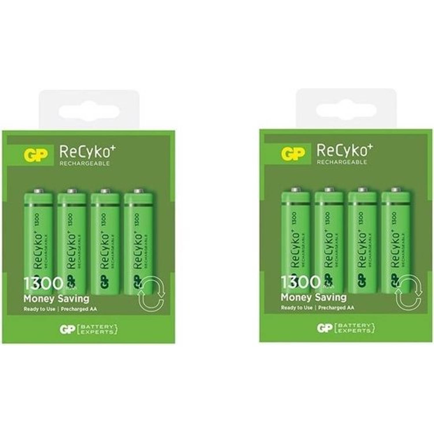8 Stuks (2 Blisters A 4st) Gp Recyco+ Aa-Mignon-Hr6-Lr6 1300mah Oplaadbare Batterijen 1300 Series