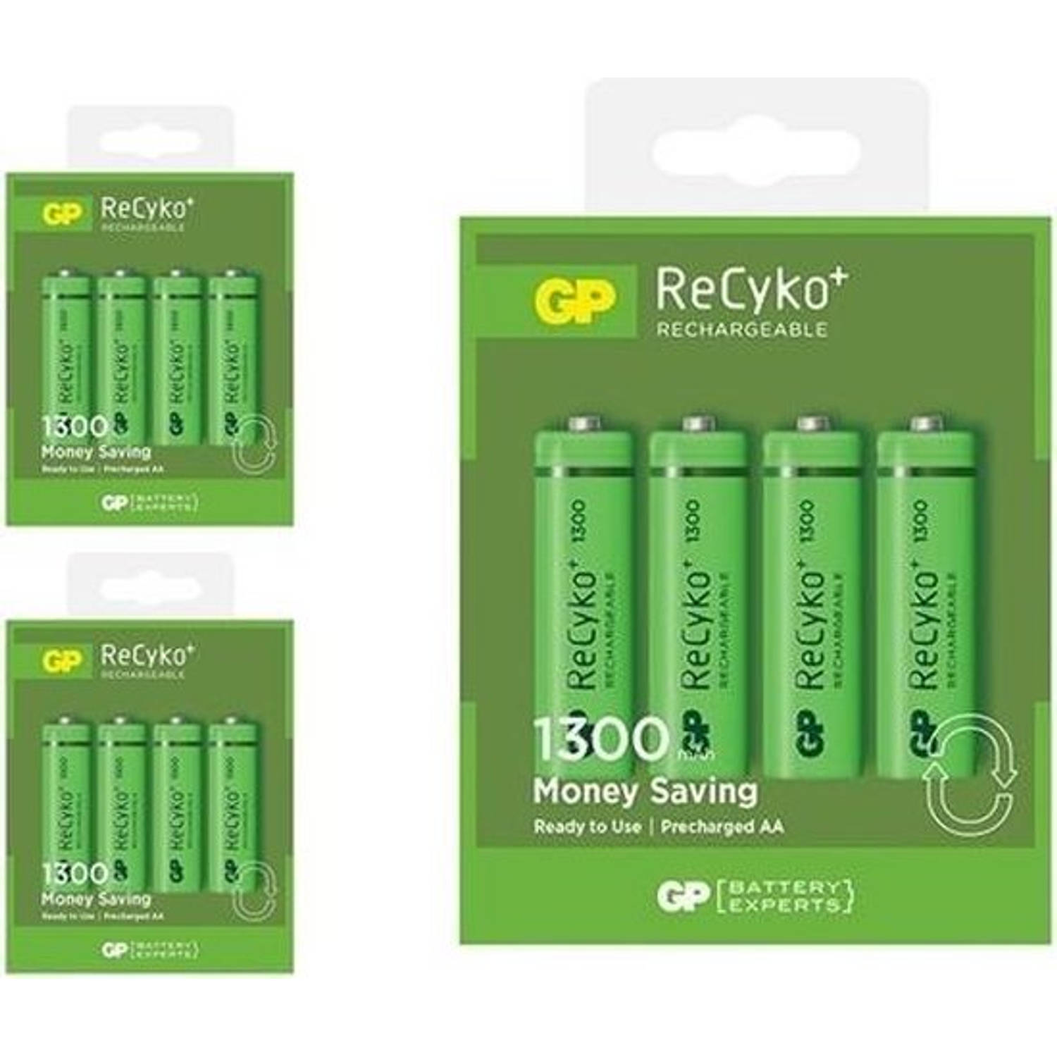 12 Stuks (3 Blisters A 4st) Gp Recyco+ Aa-Mignon-Hr6-Lr6 1300mah Oplaadbare Batterijen 1300 Series