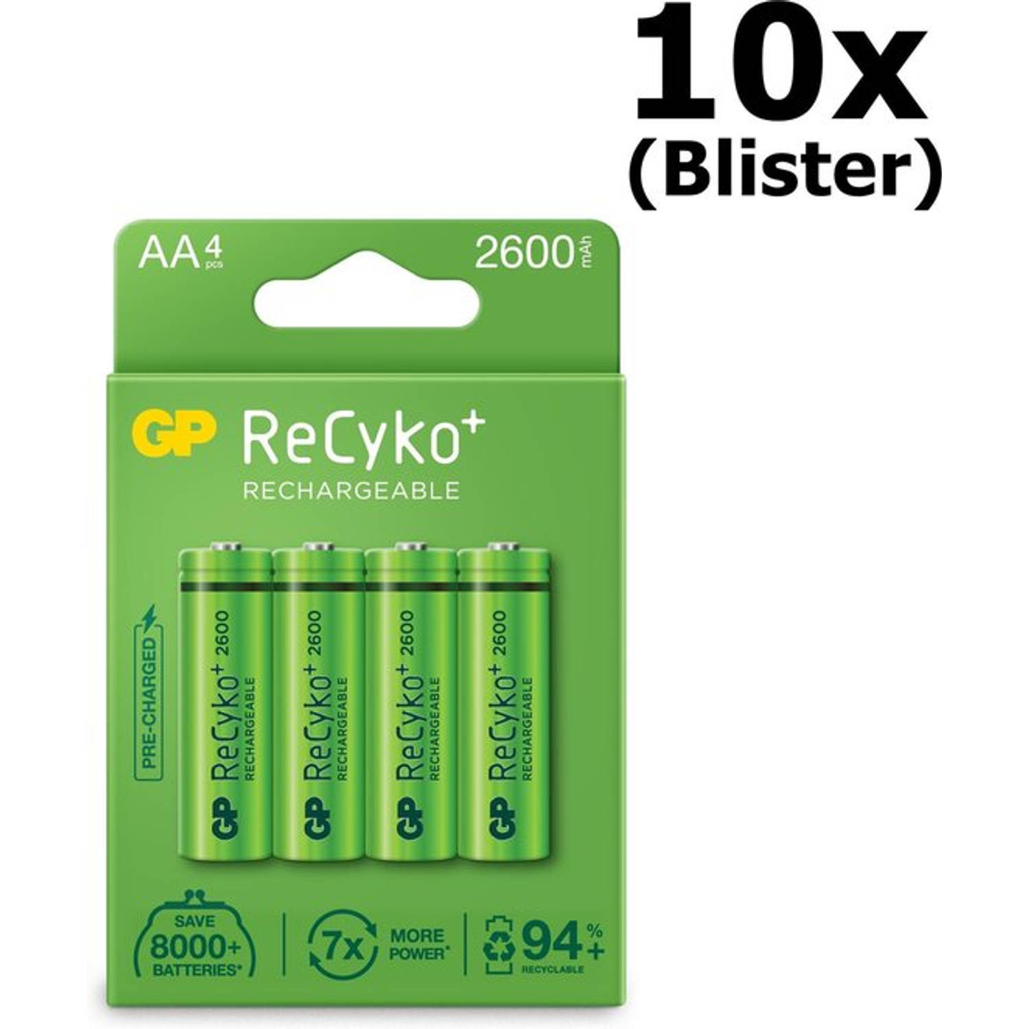 40 Stuks (10 Blisters a 4st) - GP Recyko+ 2700 Series AA/HR06 2600mah 1.2V NiMH Oplaadbare Batterijen