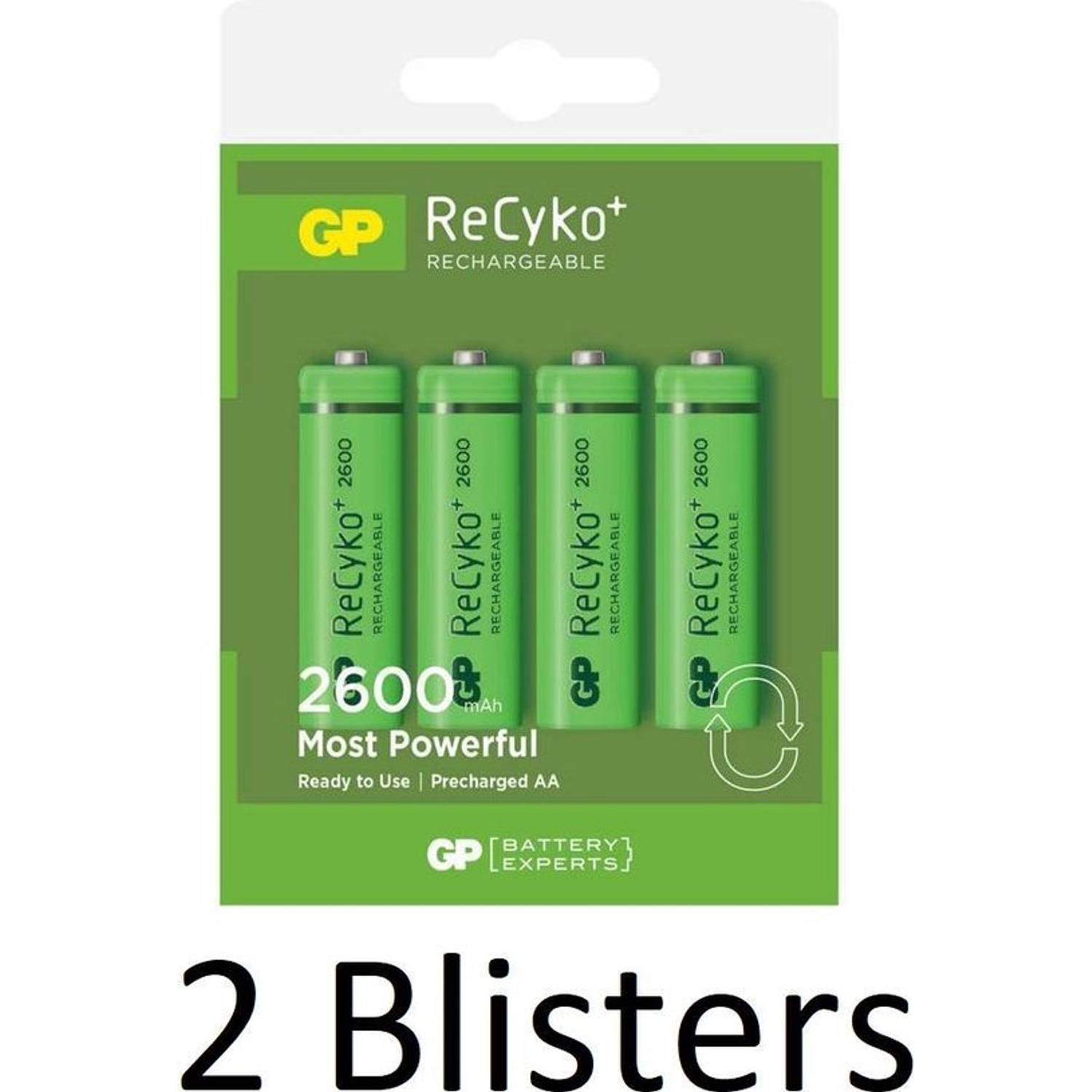 8 Stuks (2 Blisters a 4 st) GP ReCyco AA Oplaadbare Batterijen - 2600 mAh