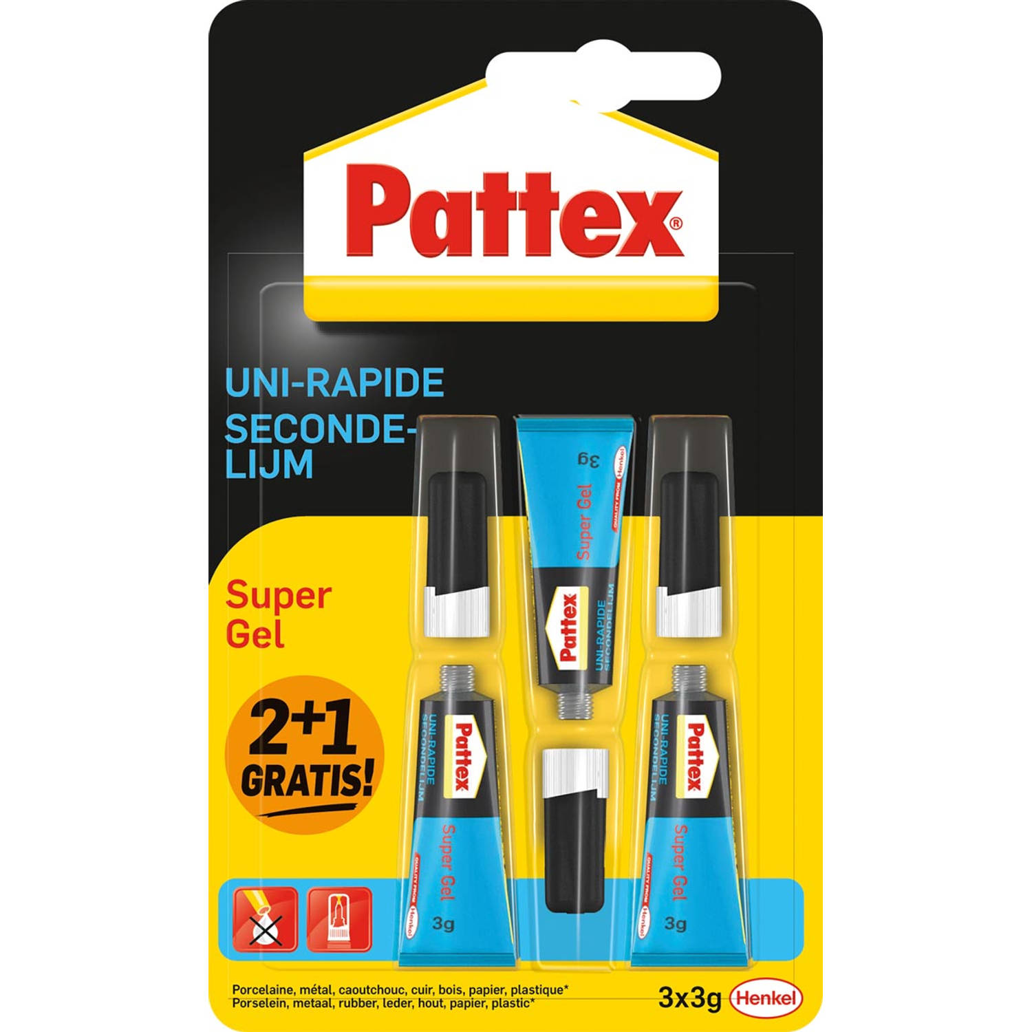 Pattex Super Gel secondelijm, 3 g, 2 + 1 gratis, op blister 12 stuks