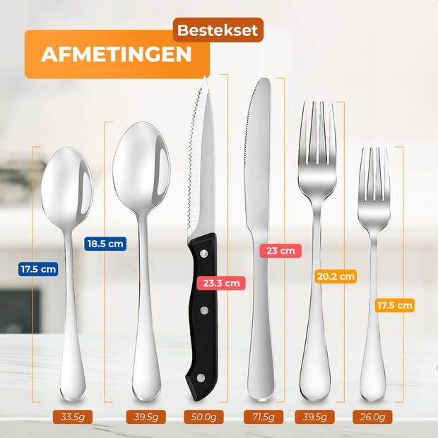 Strex Bestekset 6 Persoons - Zilver - 36-delig - Roestvrij staal - Lepels, Messen, Vorken en Steakmessen - Hoogwaardige