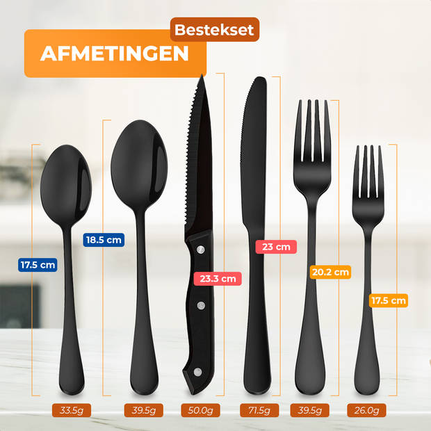 Strex Bestekset 6 Persoons - Zwart - 36-delig - Roestvrij staal - Lepels, Messen, Vorken en Steakmessen - Hoogwaardige